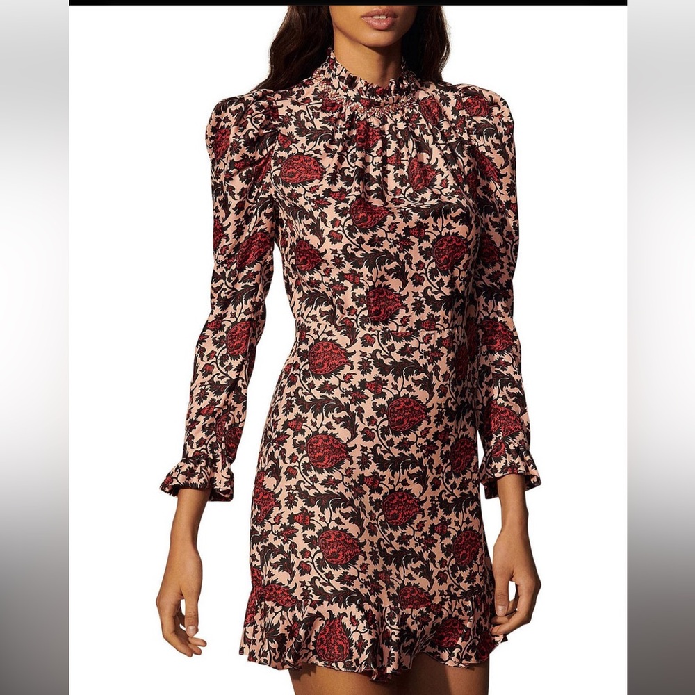 Sandro Red and Black Floral Long Sleeve Dress